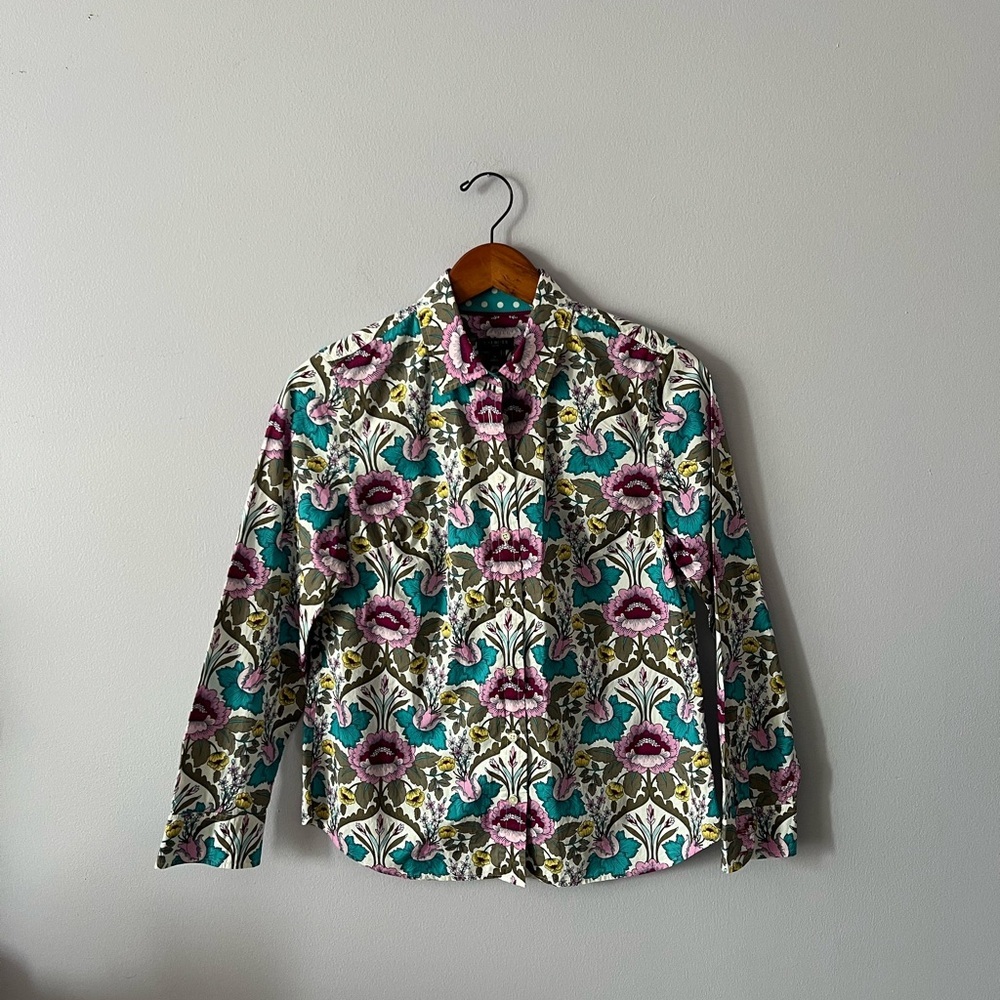 Talbots Floral Button-Down Shirt in Teal, Purple and Olive